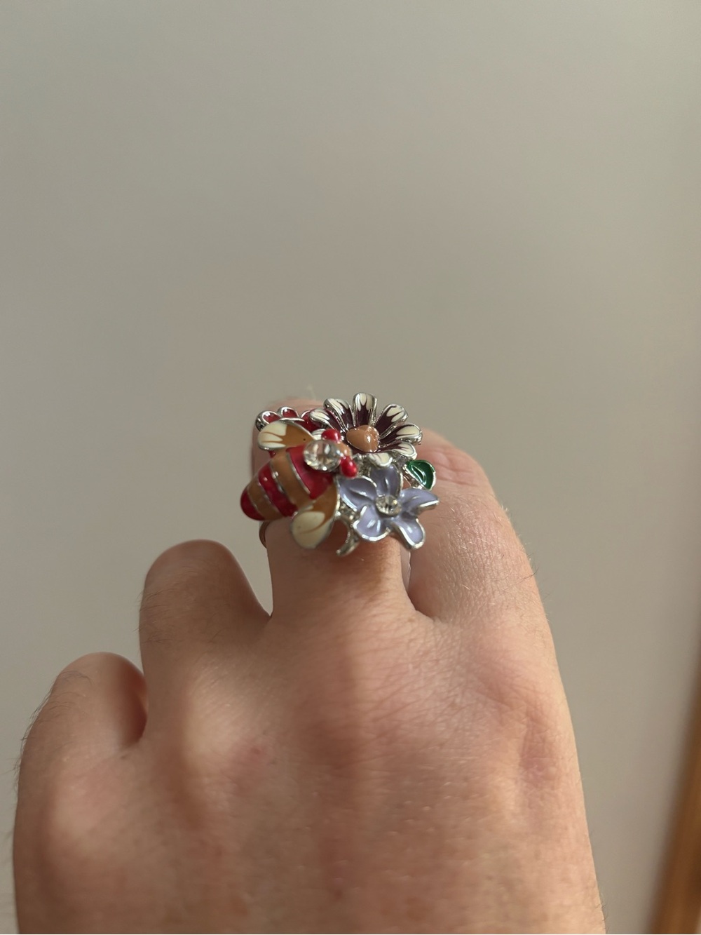 Silver Tone Colorful Enamel Statement Ring with Bumblebee and Flowers
